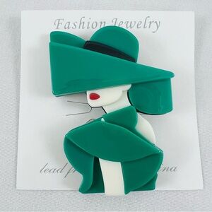 NWOT!! Elegant Fashion Lady in The Hat Plastic Brooch in Green/Cream